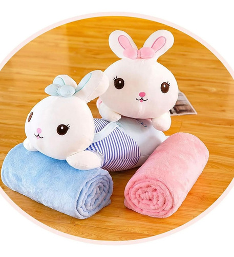 Peluches Con Manta Suaveregalo Ideal40a50cm+manta 1,55x1m Conejos Azul O Rosa