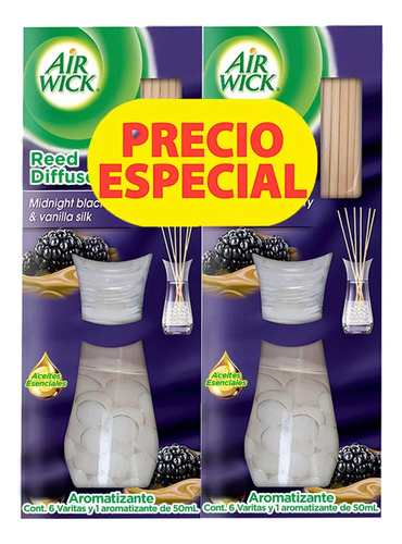 Air Wick Reed pack 2 aromatizante líquido varitas seda de medianoche de mora y vainilla