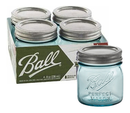 4 Pack Frascos Mason Jar Ball Vintage Azul Boca Regular 8oz