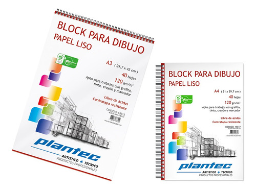 Block Para Dibujo A4 Plantec 120 Gms Liso 40 Hojas C/espiral