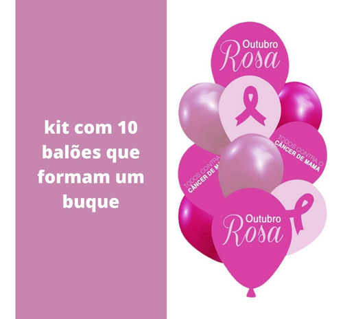 Buquê Outubro Rosa 10 Balões Bexiga Decoração Enfeite