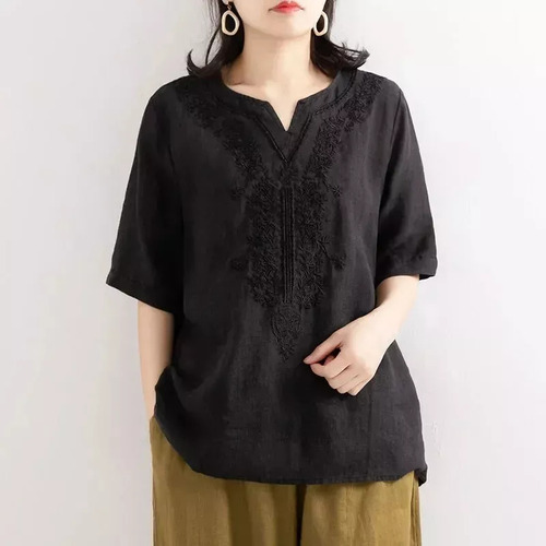 Blusa Bordada De Algodón Y Lino Con Cuello En V Para Mujer