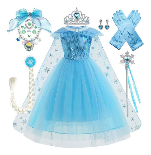 Vestido De Princesa Azul Con Accesorios Cosplay Frozen Elsa