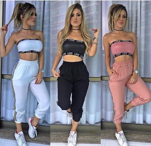 calça jogger feminina listra dupla crepe com bolso