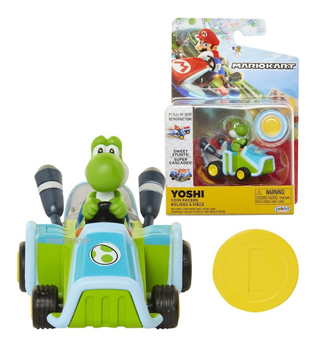 Yoshi Con Vehiculo Pull Back Y Moneda Original Mario Kart