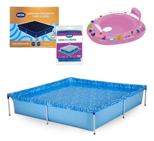 Kit Piscina 1500 Litros + Capa E Forro Mor + Boia Bote Rosa