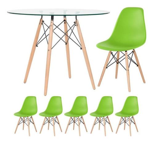 Kit - Mesa Eames Tampo Vidro 100 Cm + 5 Cadeiras Eiffel Dsw Cor Verde-claro