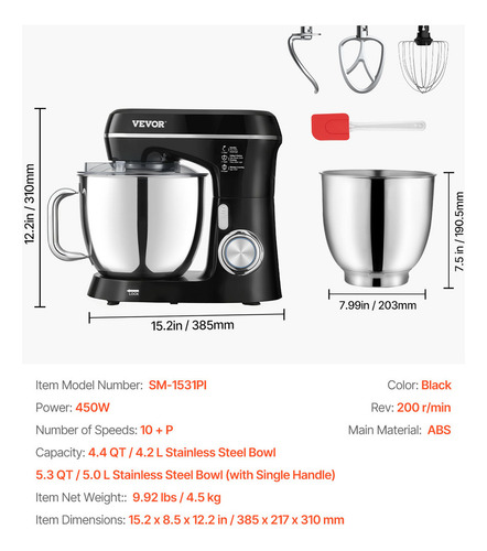 Vevor Batidora De Pie Batidora De Masa Eléctrica De 450 W