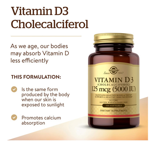 Solgar Vitamina D3 5000 Ui 125 Mcg Cápsulas Blandas 100