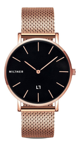 Reloj de pulsera Millner Mayfair de cuerpo color rosa, analógico, para mujer, fondo negro, con correa de acero inoxidable color rosa, agujas color rosa, dial rosa y hebilla de gancho