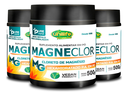 Kit Com 3 Cloreto De Magnésio P.a Unilife 500g Em Pó