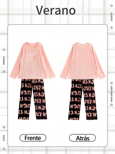 2pzs Conjunto De Pijama Casual Manga Larga Estampado Mujer