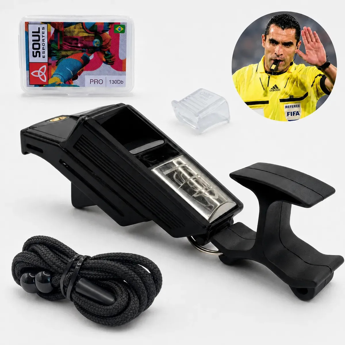 Apito Profissional Soul Esportes 130 DB para Árbitros de Futebol com Cordão