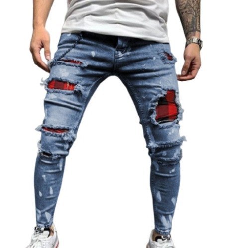 Jeans Ajustados Rasgados Para Hombres Moda Callejera Retro