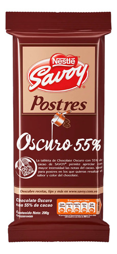 Chocolate Para Postres Oscuro 55% 200gr Savoy 