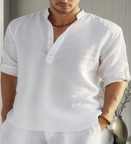 Nuevo Camisa Con Cuello Mao De Lino Informal De Manga Larga