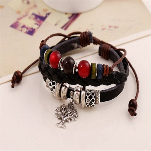 Pulsera De Cuero Genuino Con Cuentas