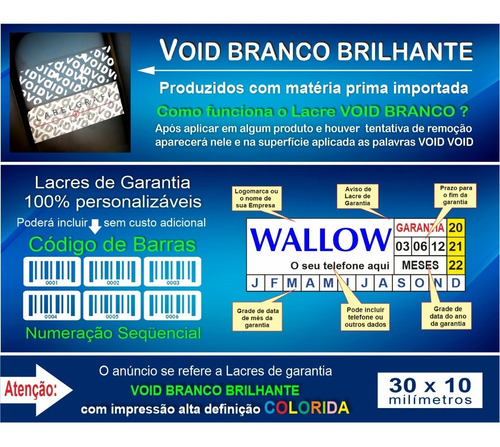 Lacre Void Branco Brilho 30x10mm Personaliza 100 Unidade Cor