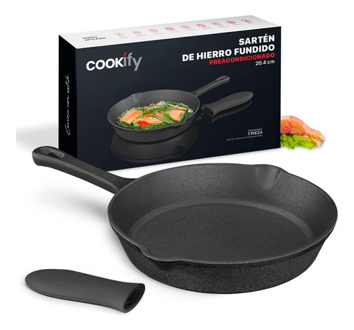 Sartén De Hierro Fundido Precurado Cookify 20.4 Cm | Ferro-lux Series | Skillet Duradero, Distribución Uniforme De Calor, Ideal Para Asador. Color Negro