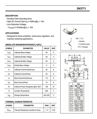 Transistor De Amplificador 30 A 40 V 150 W 2 Pines Pasantes