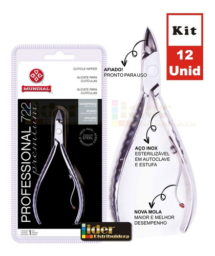 Kit 12 Alicates Profissional 722 Cuticula Inox Mundial