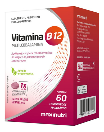 Vitamina B12 Metilcobalamina Mastigáveis (60 Comp) Maxinutri Sabor Vegan Frutas vermelhas