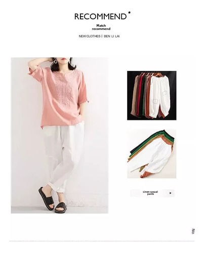 Blusa Bordada De Algodón Y Lino Con Cuello En V Para Mujer