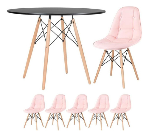 Mesa Jantar Eames Wood 100 Cm + 5 Cadeiras Estofadas Botonê Cor Mesa Preto Com Cadeiras Rosa