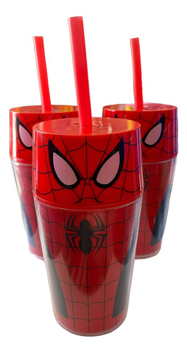 Set 3 Vasos Con Tapa Y Popote Con Estampado Spiderman 385ml