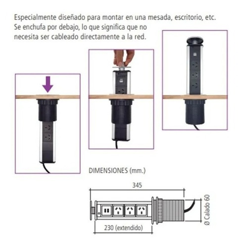 Imagen 4 de 7 de Zapatilla Embutir Escritorio 3t + 2 Usb Estacion Carga Tbcin