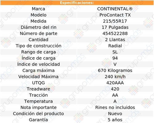 Paquete 2 Llantas 215/55r17 Procontact Tx Continental 94v Sl