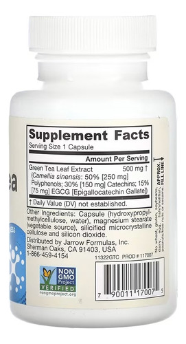 Jarrow Formulas Té Verde 500 Mg 100 Cápsulas Vegetales Sabor Sin Sabor