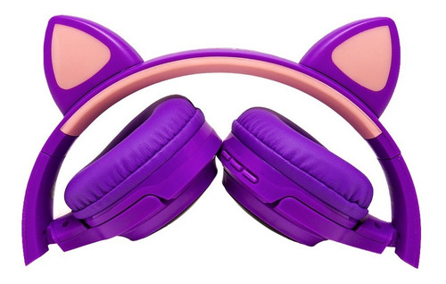 Fone De Ouvido Headphone Dobrável Gatinha Bluetooth Led Cor Violeta