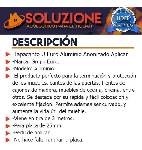 Imagen 3 de 10 de Tapacanto U Euro Aluminio 25 Mm Mueble Puerta Cajon Cocina