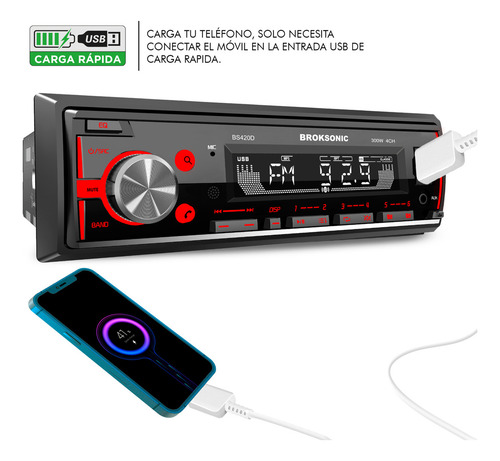 Autoestereo Desmontable 1 DIN Desmontable 75W x 4 Bocinas 6.5 Pulgadas Bluetooth Auxiliar 3 vias Iluminación Multicolor Función Graba tus llamadas Ecualizador Broksonic Bs-420d65