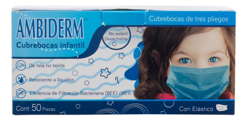 Cubrebocas Infantil Ambiderm 3 Pliegos Plisado Caja C/50pz Color Azul