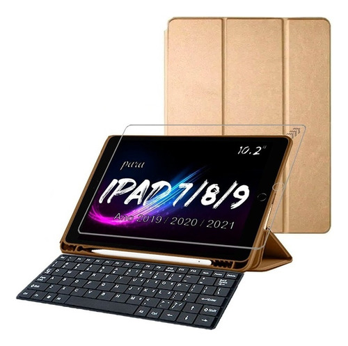 Capa Teclado Para Tablet iPad 9 Comp Pencil Pelicula Cor Dourado