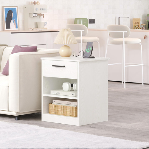 Mesa Auxiliar Blanca Con Carga Rápida Y Cajón Para Dormitori