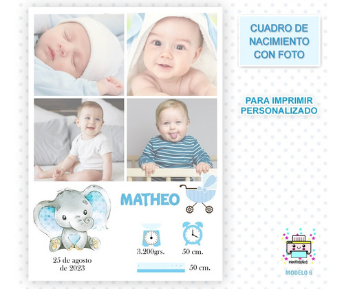 Lámina Imprimible Nacimiento Cuadro Bebé Con Fotos 