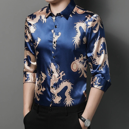 Camisas Masculinas Chinesas Com Estampa De Dragão, Camisa Ca