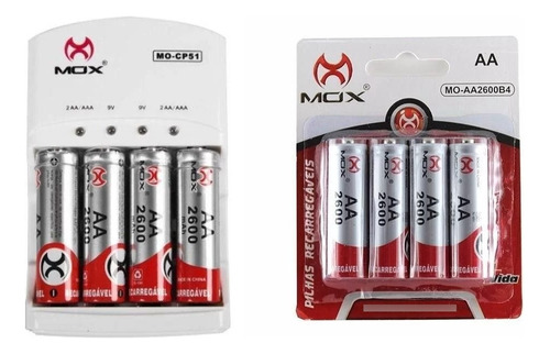 Kit Carregador Mox + 8 Pilhas Recarregáveis Mox Aa 2600 Mah.