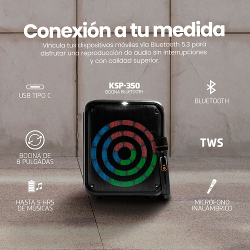 Bocina Karaoke Bluetooth Vorago KSP-350 - 30W Potencia - Micrófono Inalámbrico - Luces RGB Disco - TWS Estéreo - USB/SD/Aux/FM - Batería 5 Horas - Ideal para Fiestas