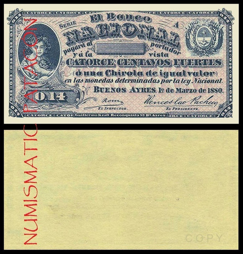 Billete 14 Centavos Fuertes Banco Nacional 1880 - Copia 665s