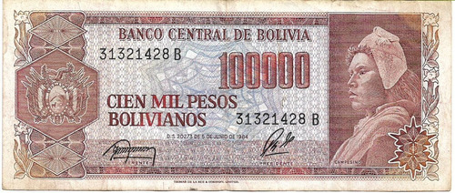 Bolivia 100000 Pesos Bolivianos 1984 Pick 171 Usado