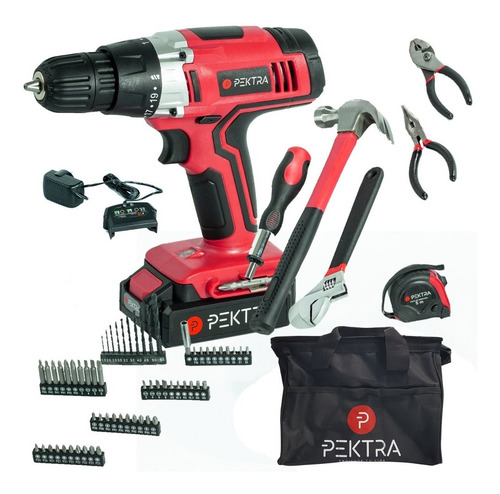 Taladro Atornillador Pektra 18v Litio + Kit 70 Herramientas