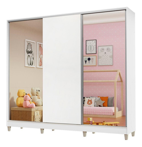 Guarda Roupa 100% Mdf Madesa Logan 3 Portas Com Espelhos Pés Cor Branco