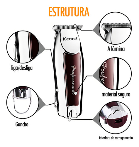 Kit Profissional Kemei Km-119 Barbeiro +km9163 Detalhe 127/220V
