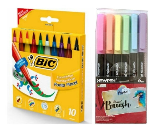 Caneta Ponta Pincel Bic 10 Cores Brush Pen Pastel 6 Cores