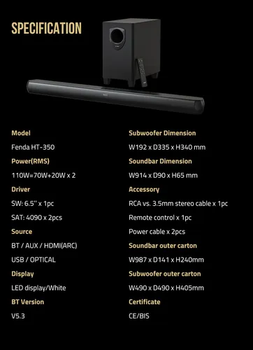 Barra De Sonido Con Subwoofer 2.1 110w Rms Hdmi Fenda Ht-350