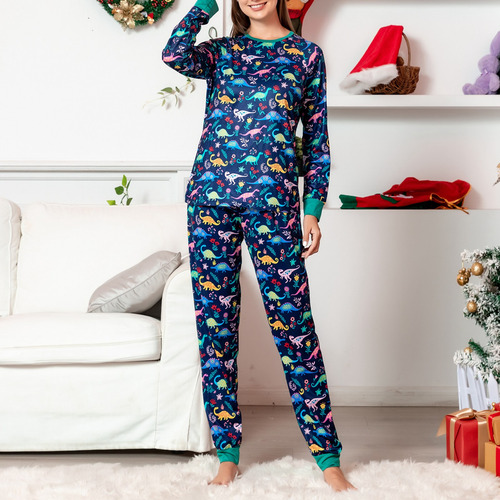 Pijama Familiar Navideño Redondo Con Estampado De Dinosaurio